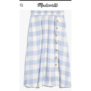 EUC Madewell Linen Blend Side Button Midi Skirt Pale Dawn Gingham Check S POCKET